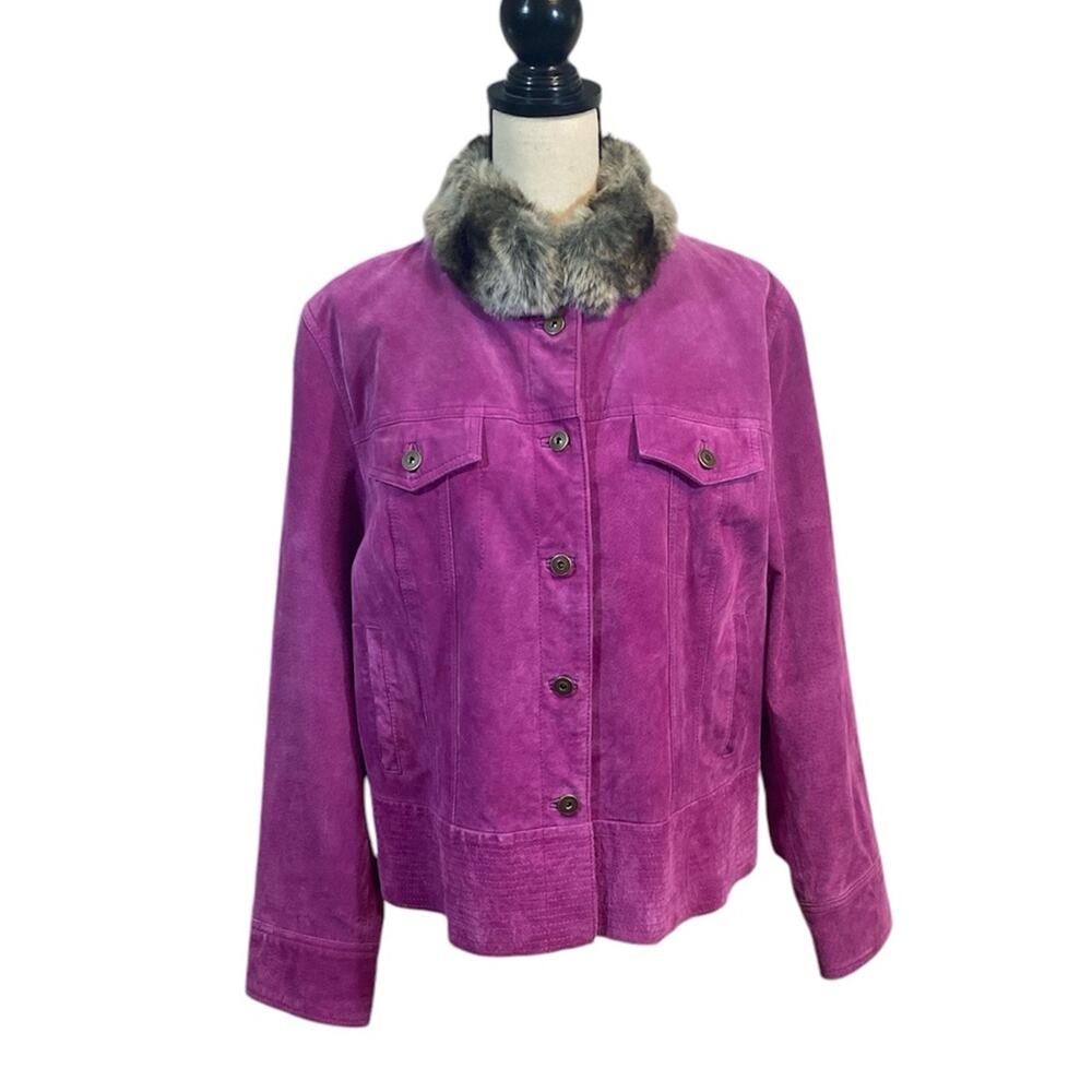 Vintage Terry Lewis Fuchsia Suede Leather Jacket with Faux Fur Collar Size Large